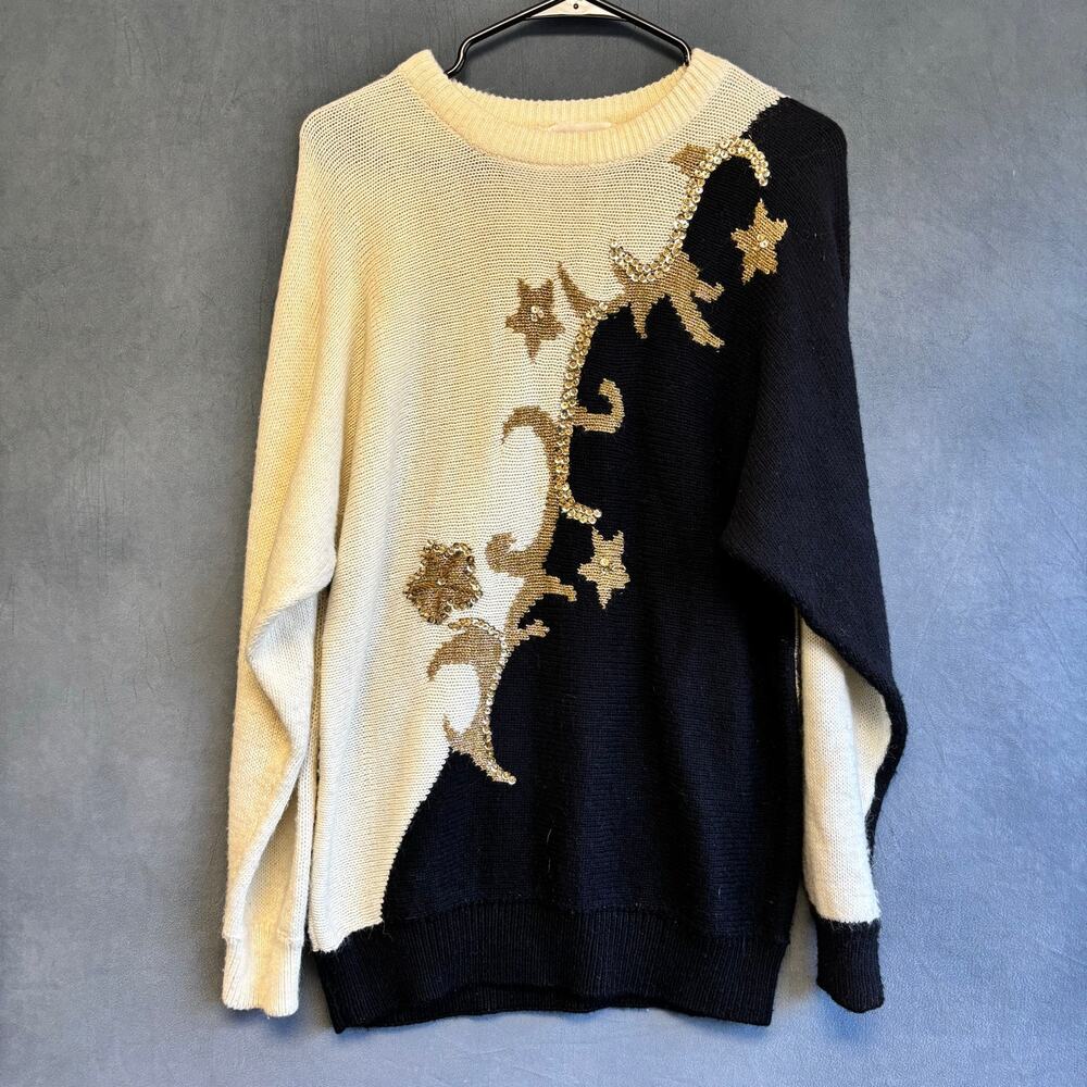 Vintage Alfred Dunner Sweater Women M Black Ivory Gold Beaded 80s 90s